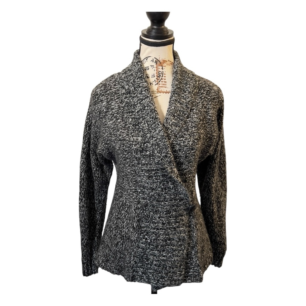 Jones New York Signature Petite PP Marled Knit Shawl Collar Wrap Sweater Gray